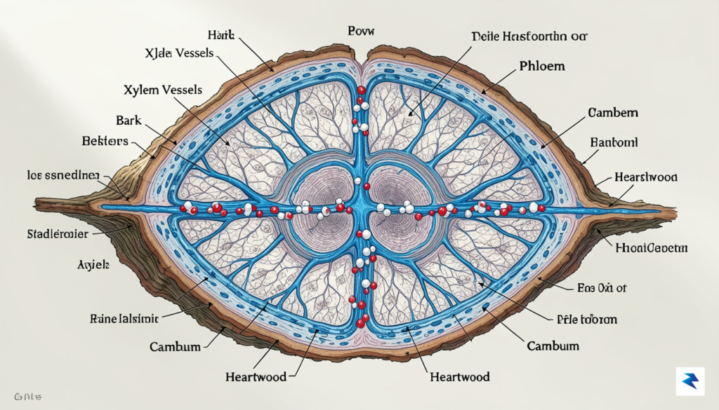 A detailed scientific illustration showing the cross-section of a tree…