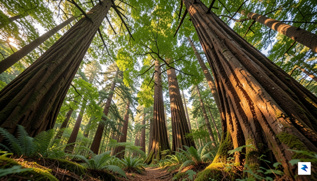 A wide-angle, low-angle shot looking up from the forest floor…