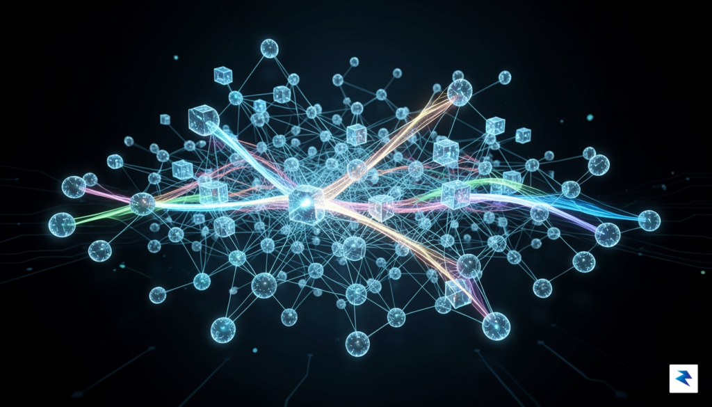 A detailed, abstract visualization of a neural network architecture, highlighting…