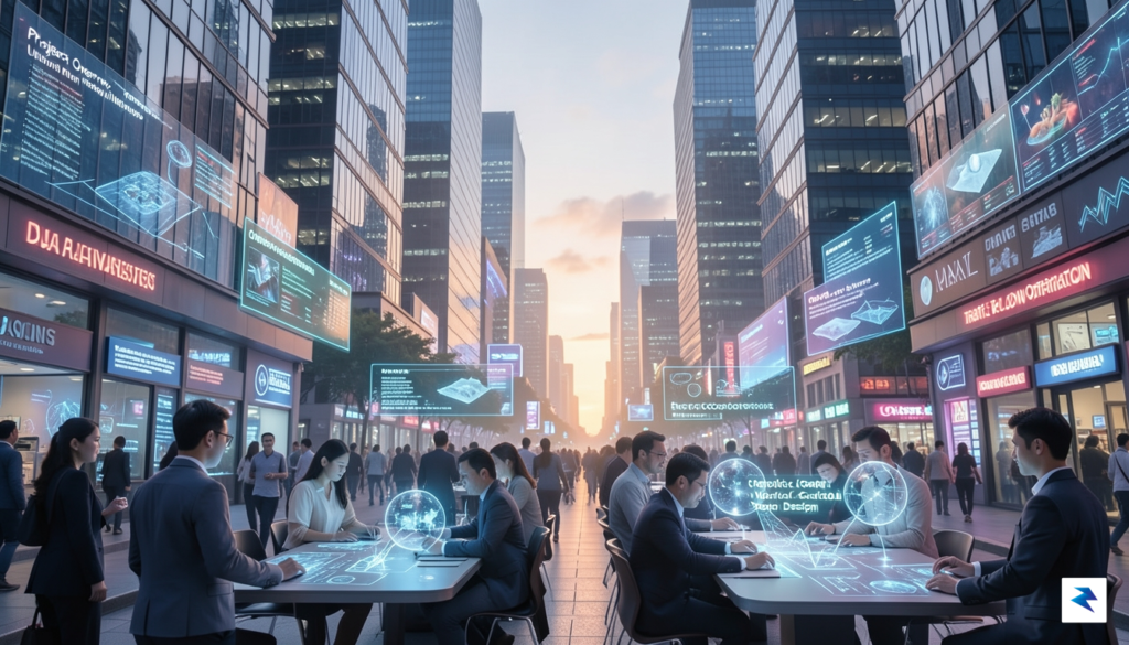 A vibrant, futuristic cityscape at dawn, with digital interfaces seamlessly…
