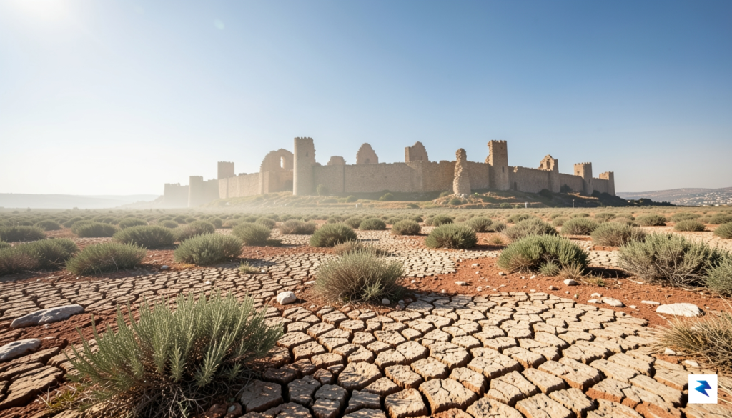 A wide-angle landscape shot of a cracked, arid Mediterranean field&hellip;