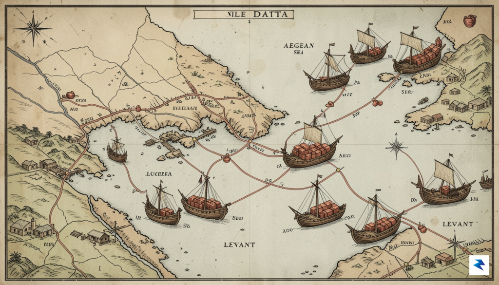 An ancient Mediterranean trade map showing interconnected maritime routes between&hellip;