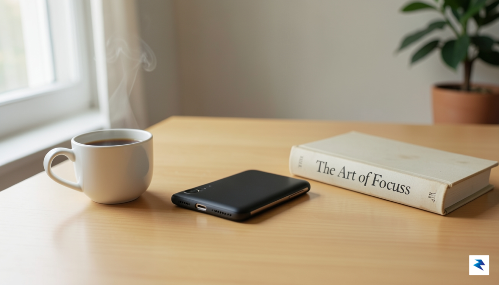 A sleek, minimalist flip phone resting on a clean wooden&hellip;