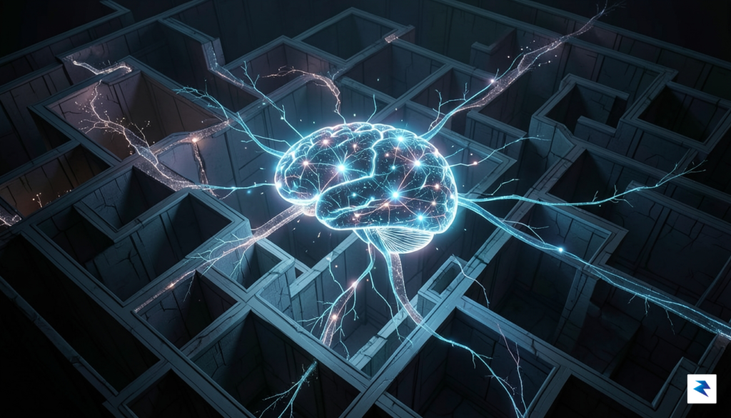 A conceptual illustration showing a digital neural network brain navigating&hellip;
