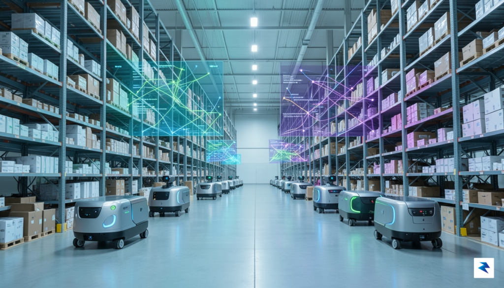 A wide-angle shot of a high-tech warehouse where autonomous robots&hellip;