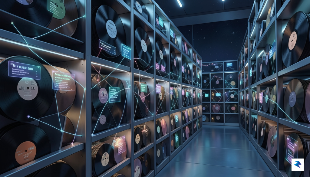 A stylized illustration of a digital archive, with music files…