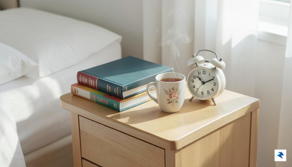 A serene, minimalist bedside table featuring a stack of hardcover&hellip;