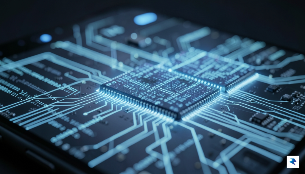 A close-up, high-tech macro shot of a smartphone motherboard highlighting…