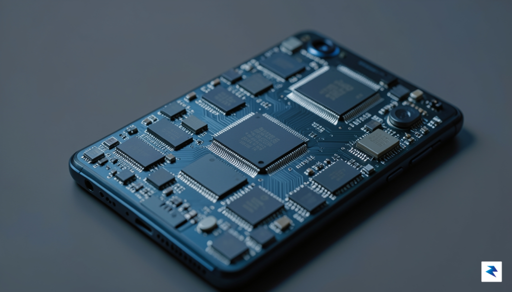 A close-up, high-definition photograph of a modern smartphone motherboard showing…