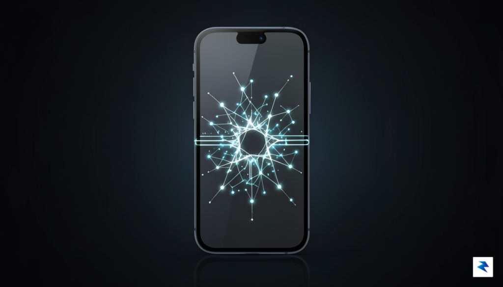 A conceptual digital illustration showing a glowing neural network chip…
