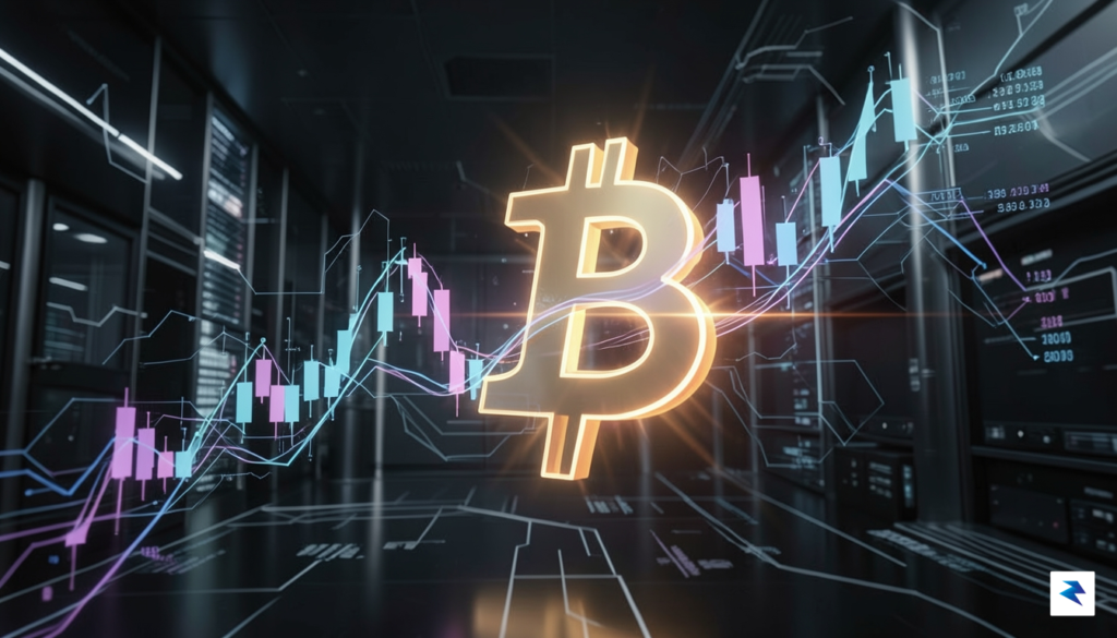 A digital art visualization showing a stock market ticker graph…