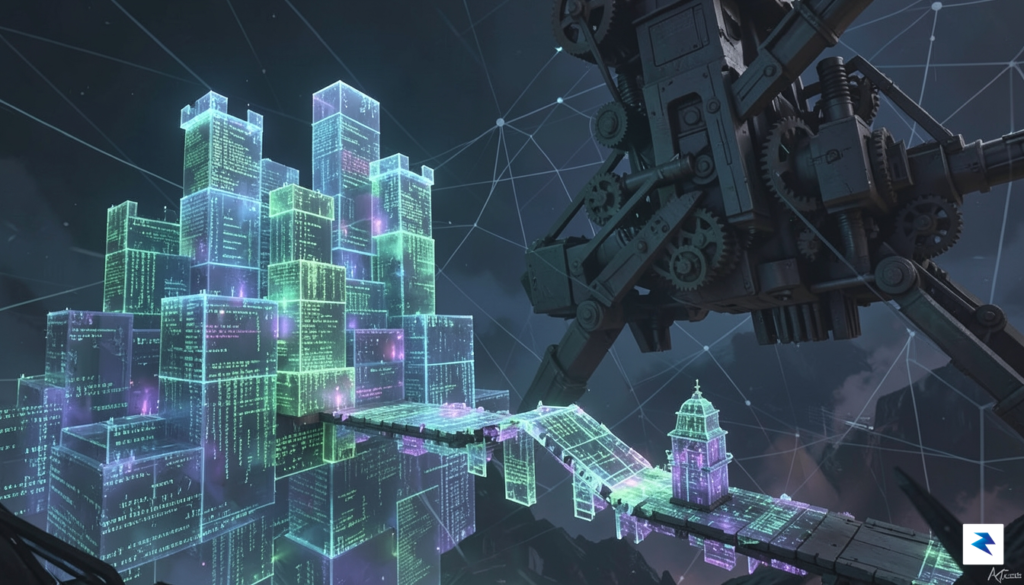 A conceptual illustration showing a digital fortress made of glowing&hellip;
