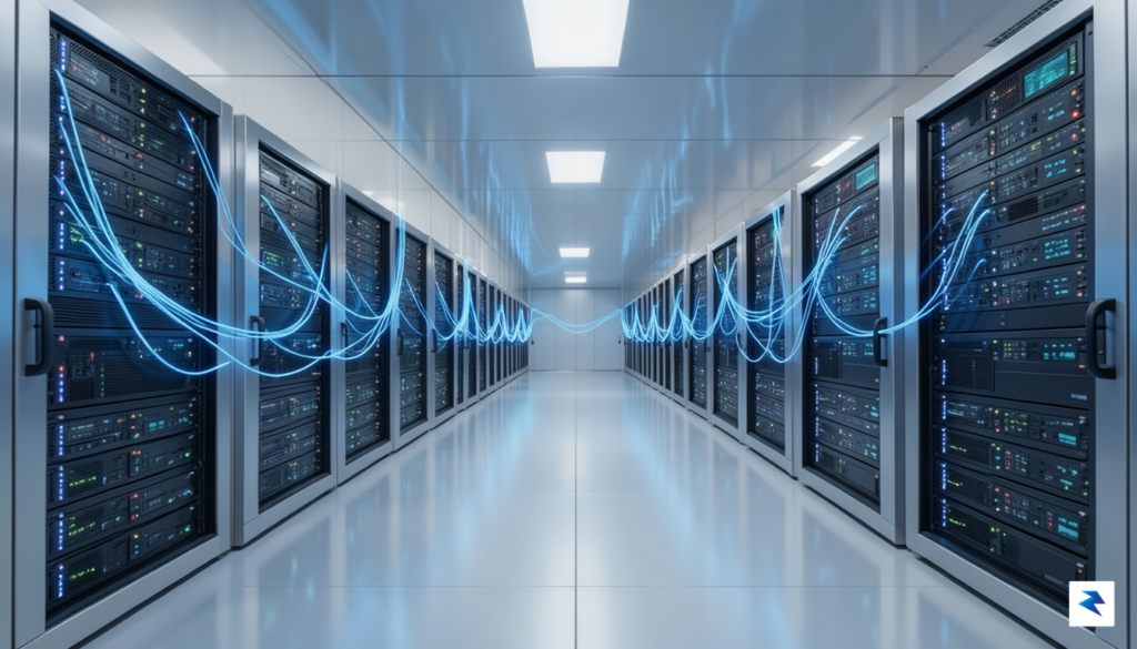 A sleek, futuristic data center interior with glowing blue fiber&hellip;