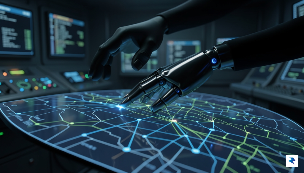 A silhouette of a human hand guiding a robotic hand&hellip;