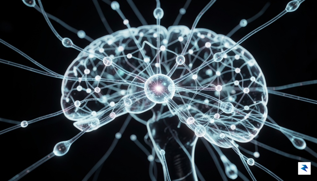 A detailed 3D digital illustration of a glowing neural network,…