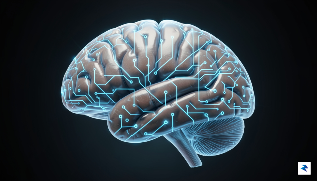 A stylized, high-tech rendering of a human brain with a…