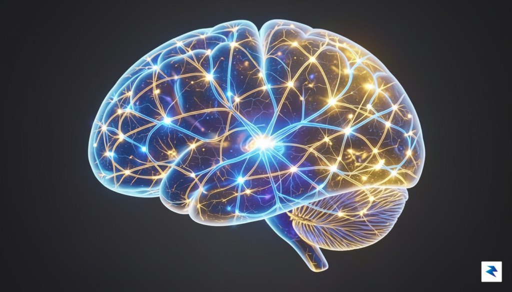 A highly detailed 3D visualization of glowing neural pathways firing…