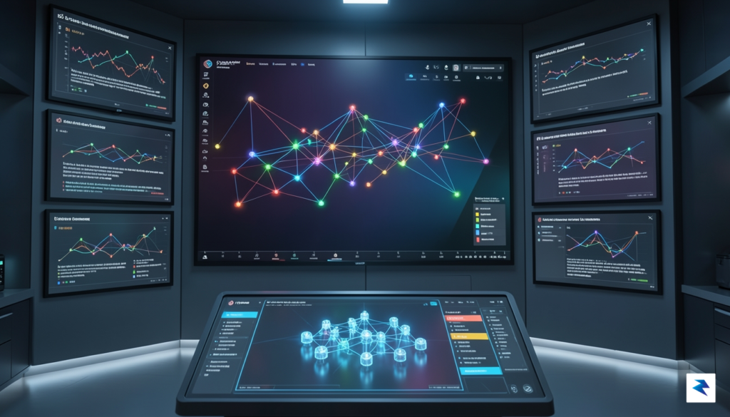 A digital security dashboard displaying real-time network traffic anomalies within…