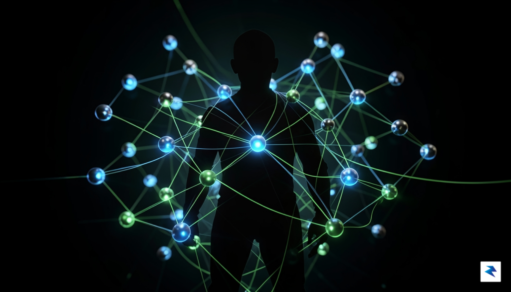A conceptual digital visualization of a dark, shadowy silhouette blending…
