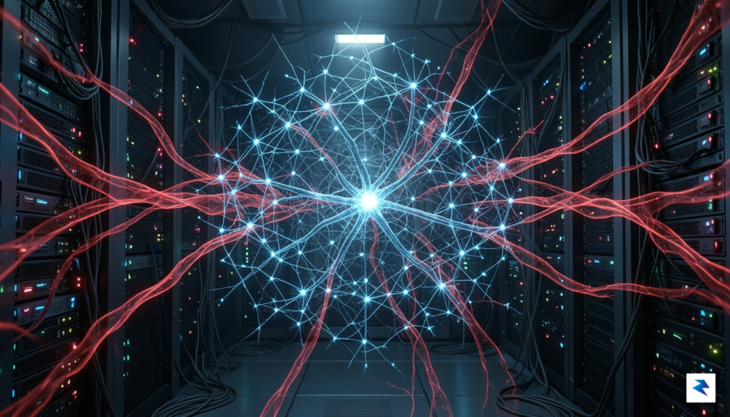 A digital visualization of a complex neural network being infiltrated…