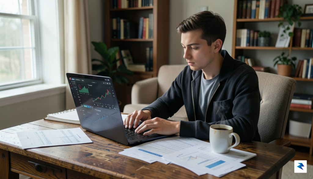 A realistic, high-quality photo of a young entrepreneur sitting at…