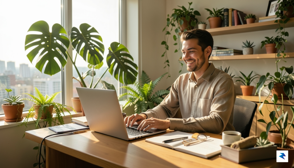 A person happily working on a laptop from a home…
