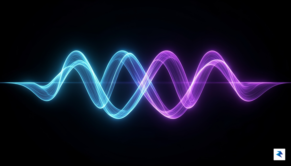 A conceptual illustration showing two glowing, abstract sound waves intertwining&hellip;