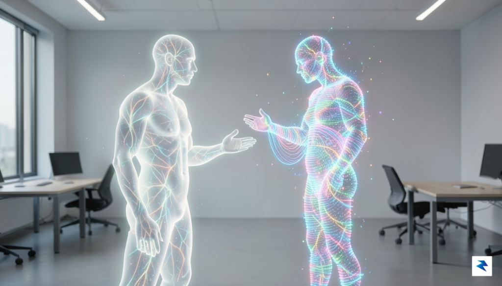 A conceptual digital art piece showing a glowing, translucent human&hellip;