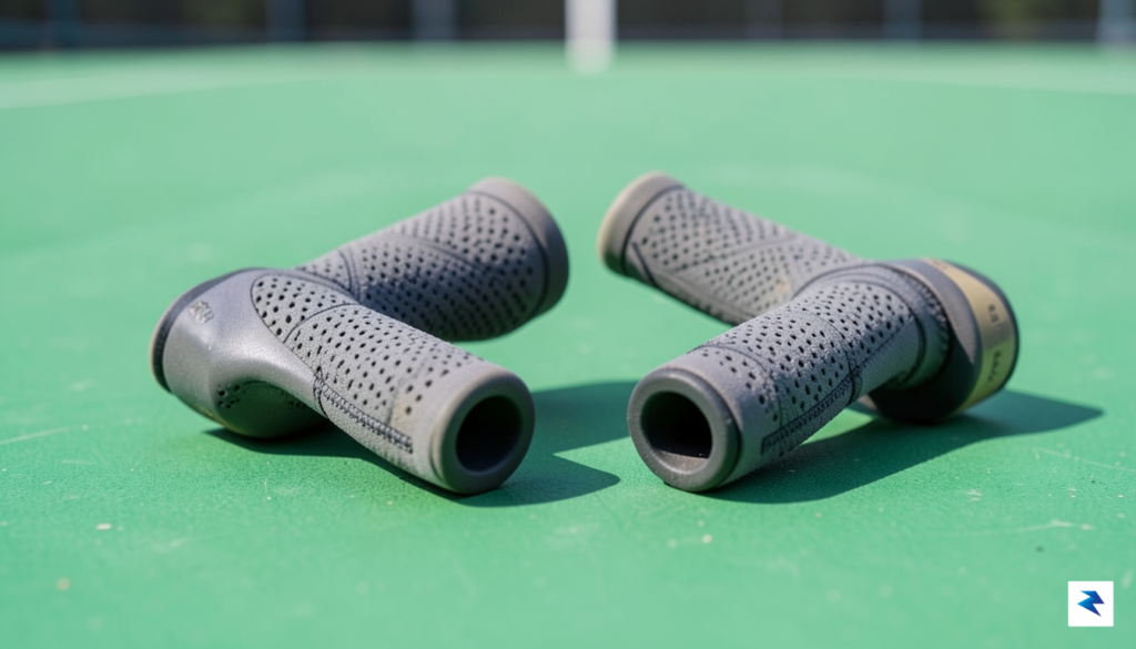 A close-up, high-definition shot of two different pickleball paddle handle&hellip;