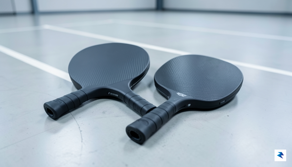 A professional studio photograph featuring two high-end carbon fiber pickleball&hellip;