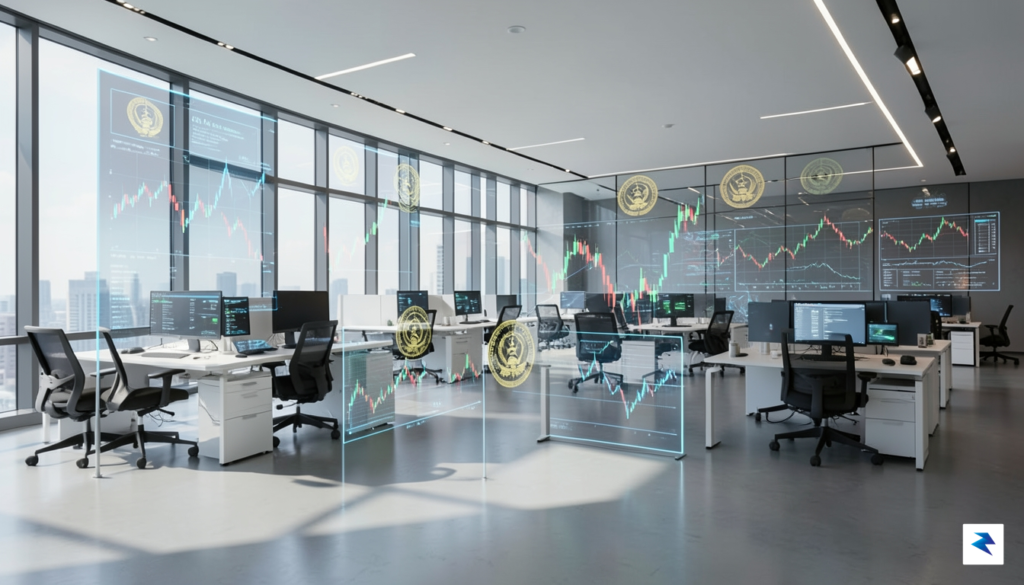 A modern, high-tech office interior with a digital overlay showing…