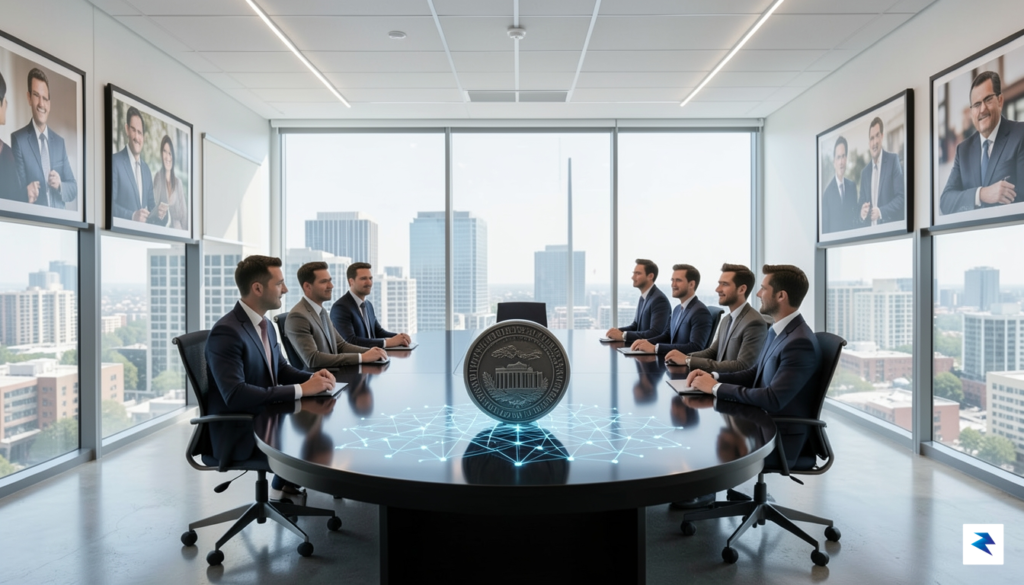 A wide-angle digital illustration showing a glass-walled, modern Silicon Valley…