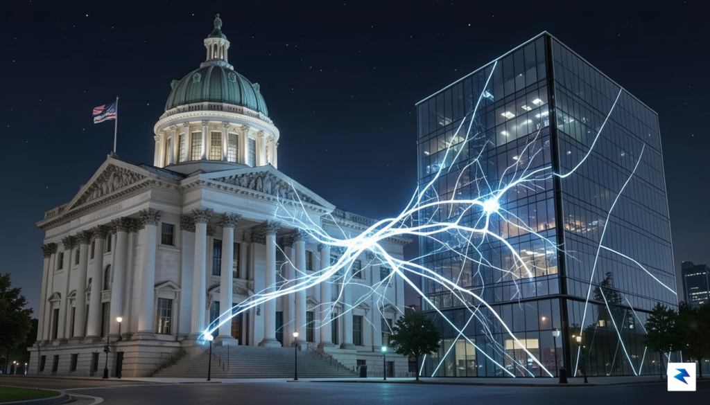 A digital illustration showing a complex network of glowing neural…