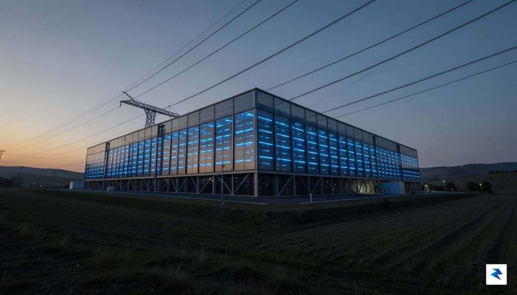A wide-angle, cinematic photograph of a massive, modern hyperscale data&hellip;