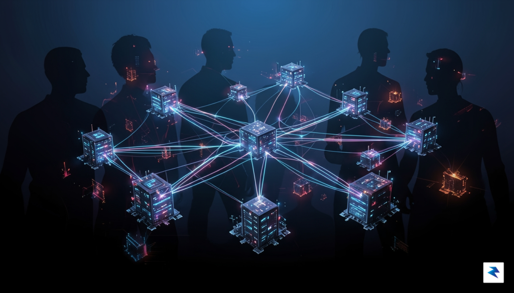 A conceptual digital illustration showing a network of interconnected nodes&hellip;