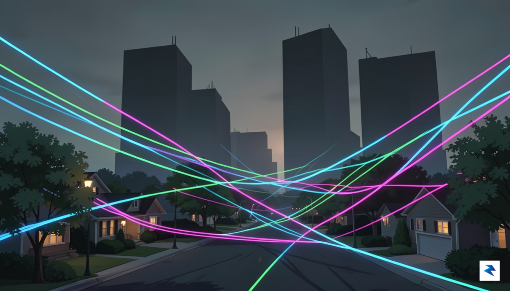 A digital illustration depicting a complex network of glowing fiber-optic&hellip;