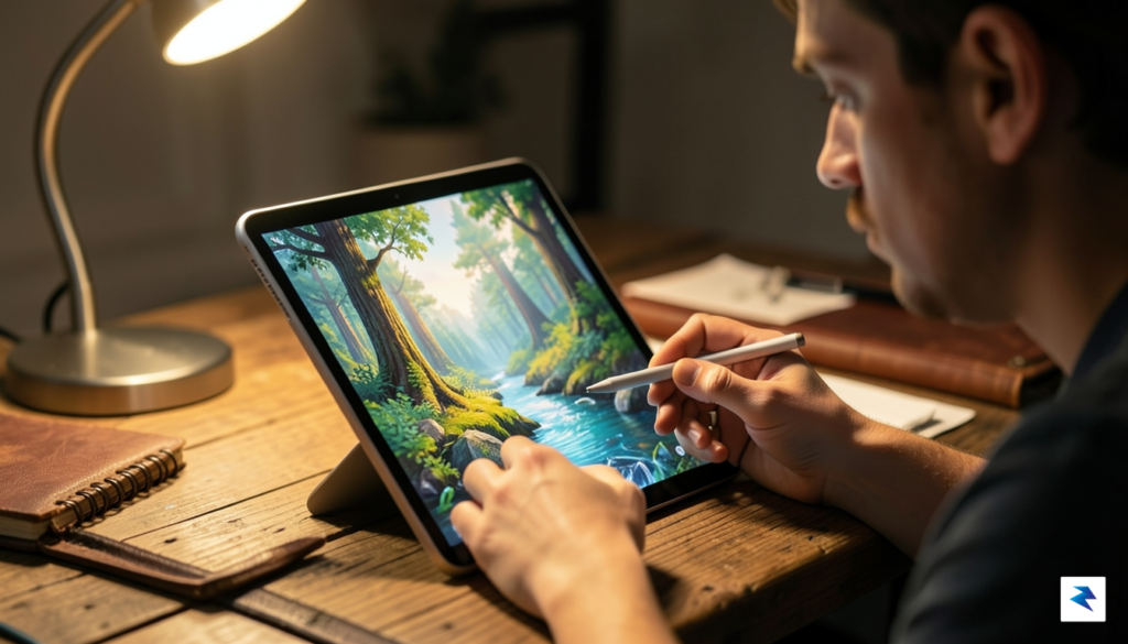 A close-up, cinematic shot of a professional digital illustrator using…