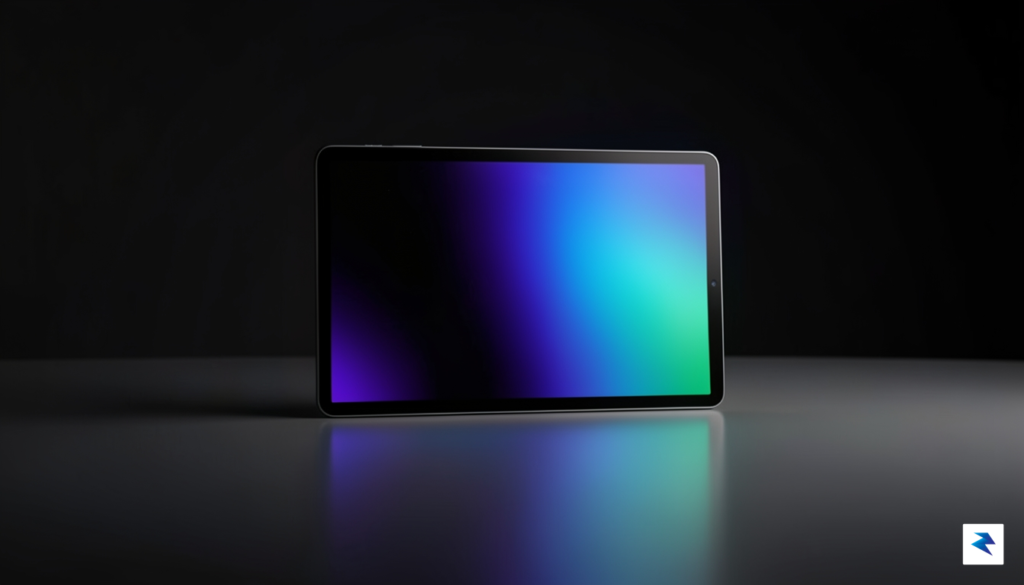 A sleek, modern studio shot of a slim, high-end tablet…