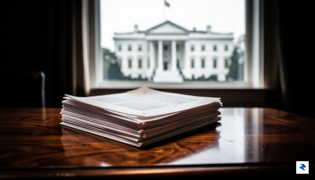 A dramatic, high-contrast photograph of a stack of legal documents…