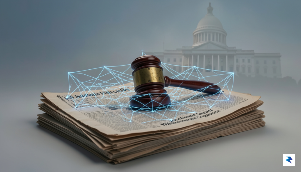 A conceptual digital illustration of a gavel resting on a…