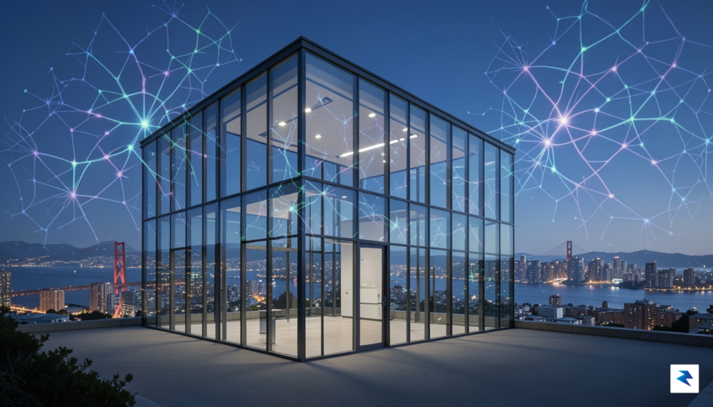 A modern, minimalist glass office building in San Francisco overlooking…