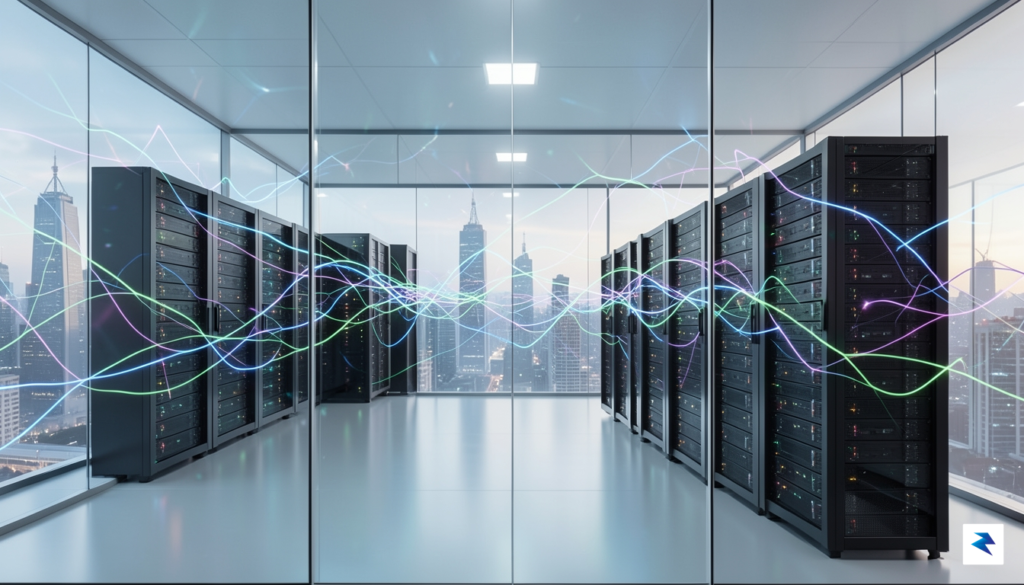 A conceptual digital illustration showing a glass-walled server room with…