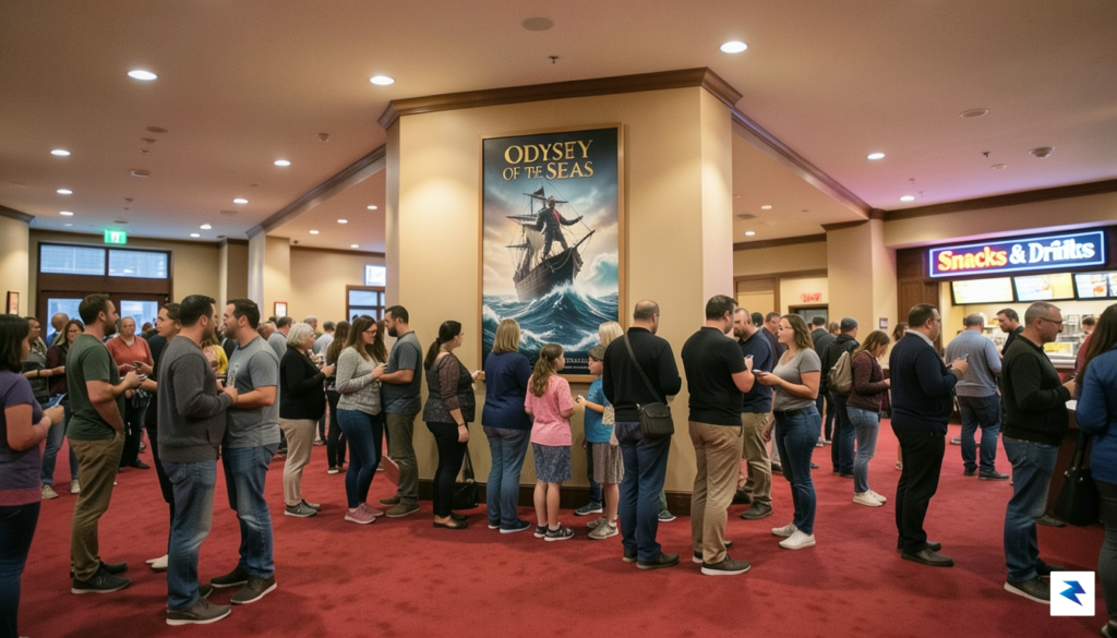 A wide-angle shot showing a bustling, diverse movie theater lobby&hellip;