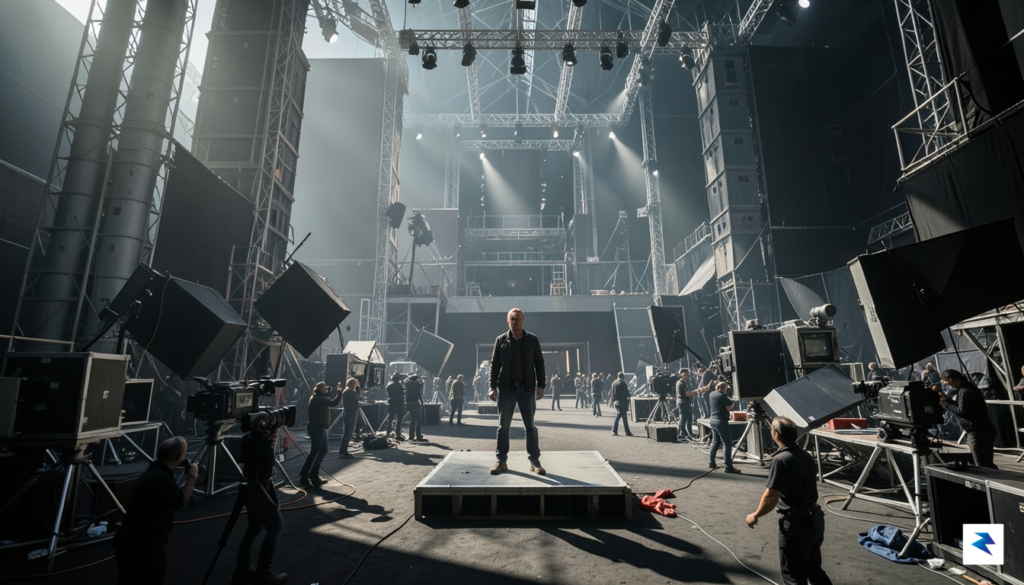 A wide, cinematic shot of Christopher Nolan standing on a…