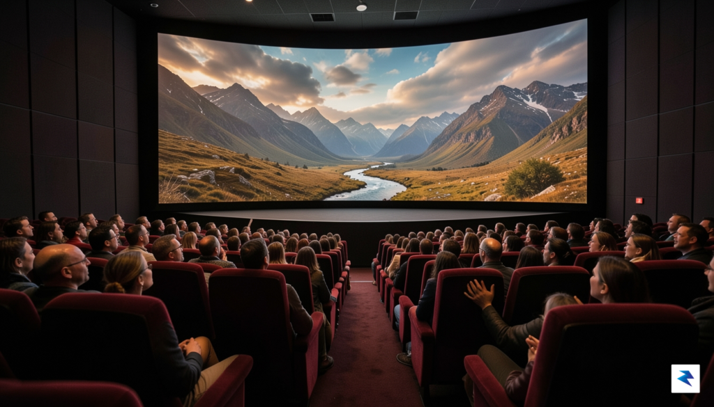 A wide-angle, cinematic shot inside a packed, modern movie theater…