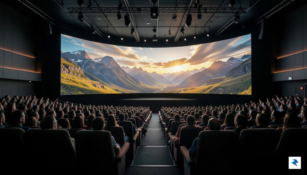 A wide-angle shot from the back of a packed, modern…