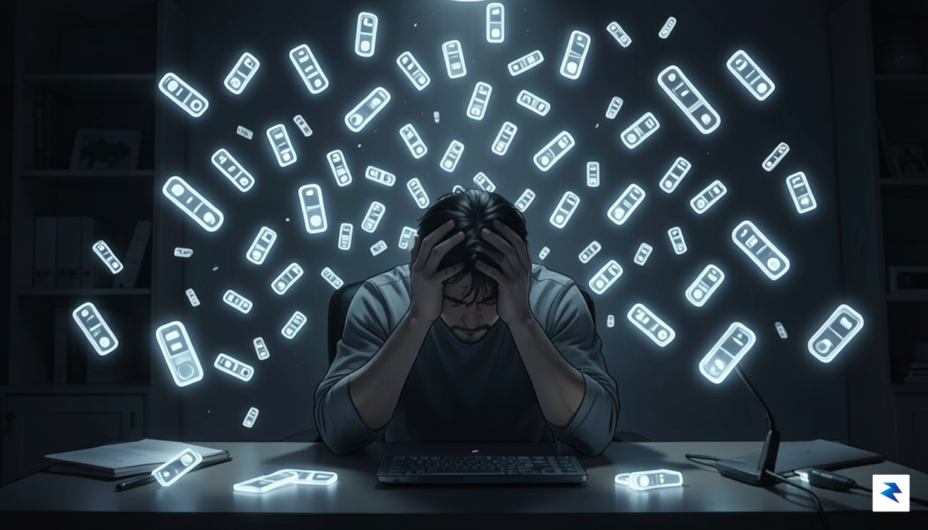 A conceptual illustration showing a person overwhelmed by hundreds of&hellip;