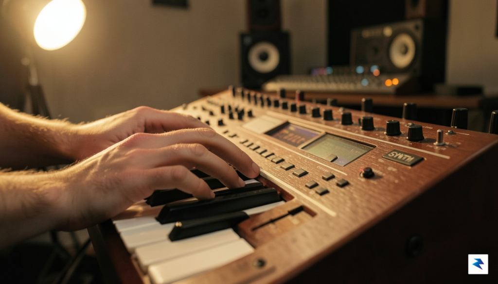 A close-up shot of a musician's hands resting on the…