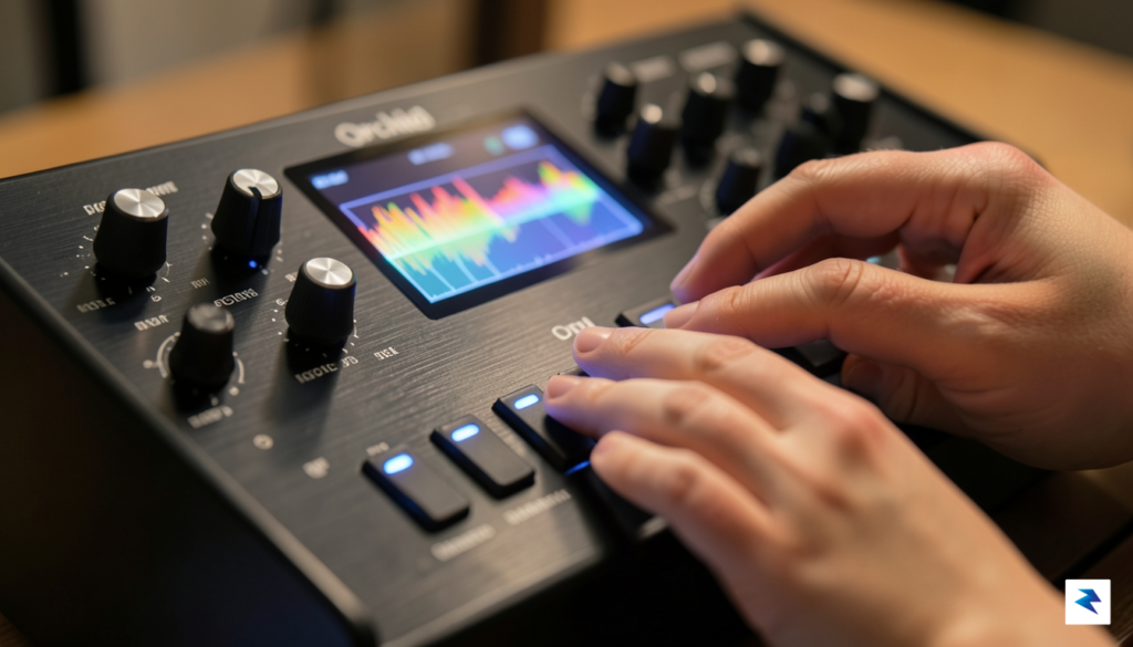 A close-up shot of the Orchid synth's control panel, highlighting…