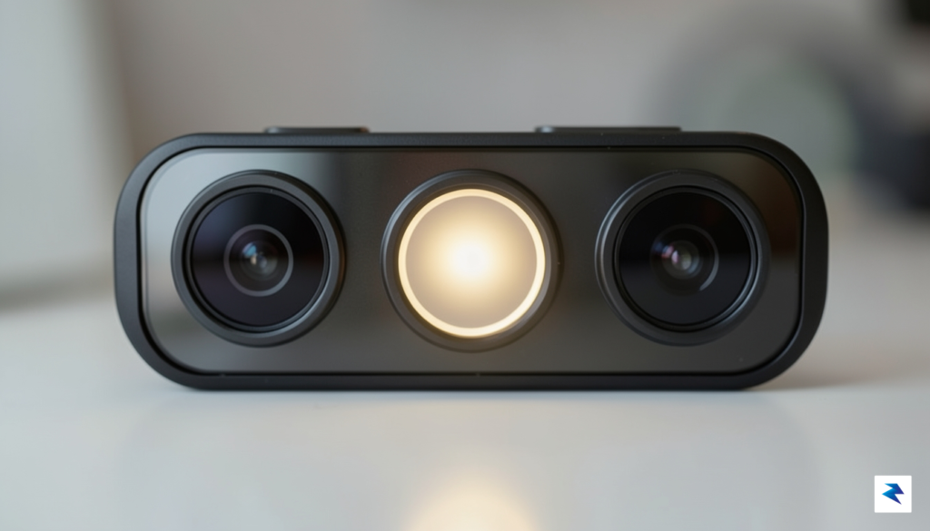 A close-up, high-detail macro shot of a sleek smartphone camera&hellip;